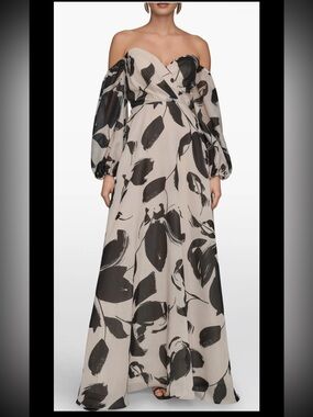 Donna Karan Black and Beige Off-Shoulder Floral Maxi Dress